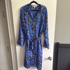 Blue Tropical Print Button-Up Dress